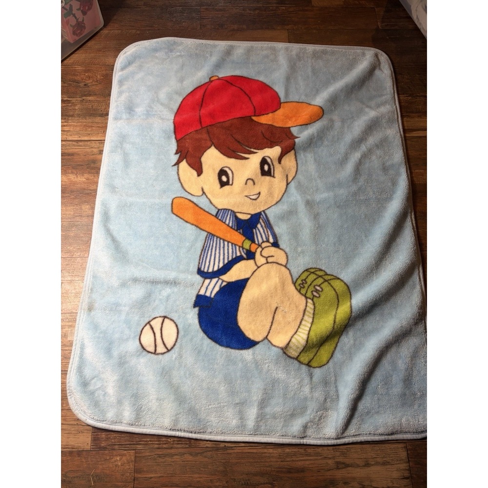 VTG Baby Blanket Baseball Boy Kawaii Precious Memories Style Fuzzy Blue 40"x56"